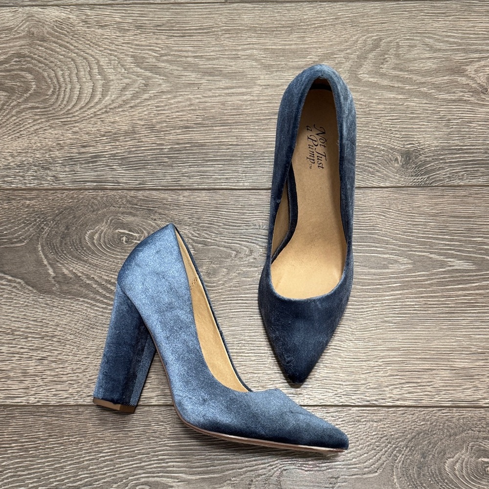 Pointed Toe Block Heel Pumps in Blue Velvet